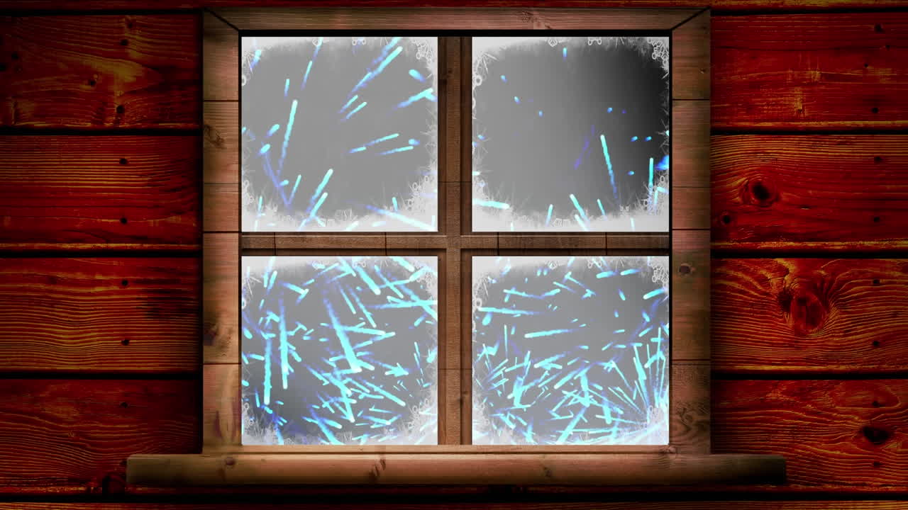 Wooden window frame against blue fireworks exploding on black background