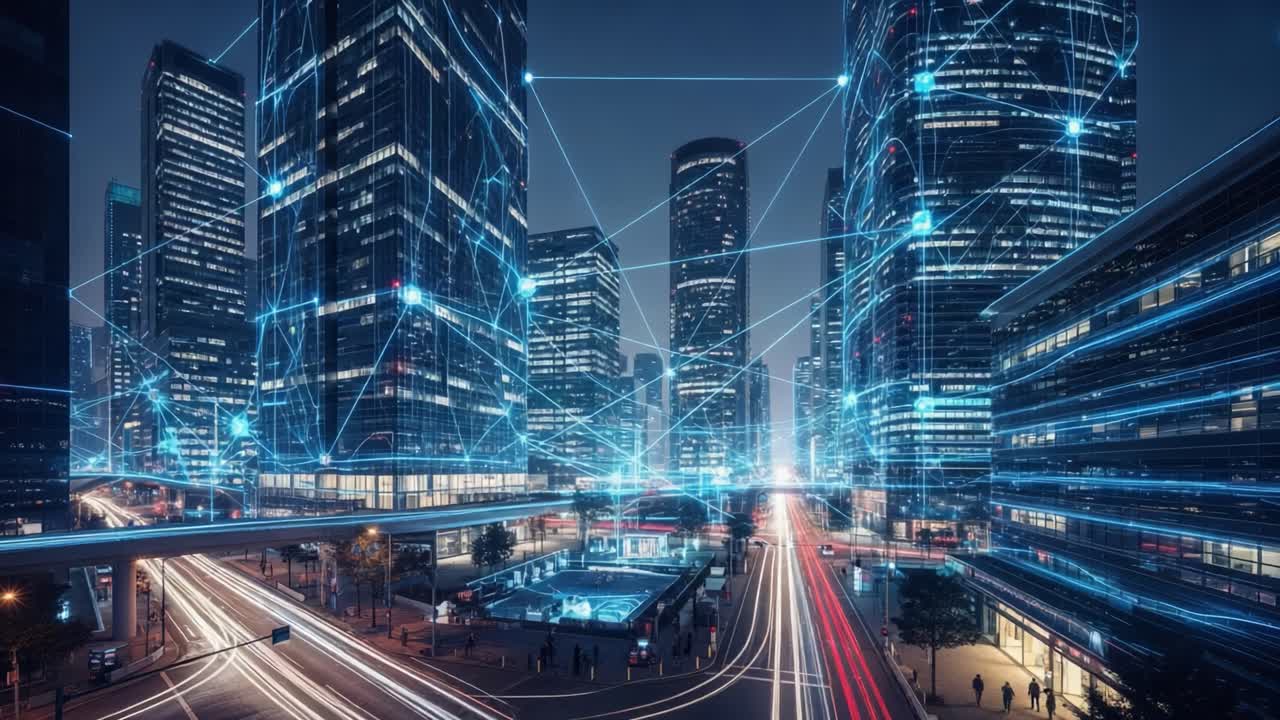 Uma Paisagem Urbana Futurista Retratando uma Cidade de Alta Tecnologia com Rastros de Luz Dinâmicos e Conectividade Redesenhada para a Era Digital à Noite