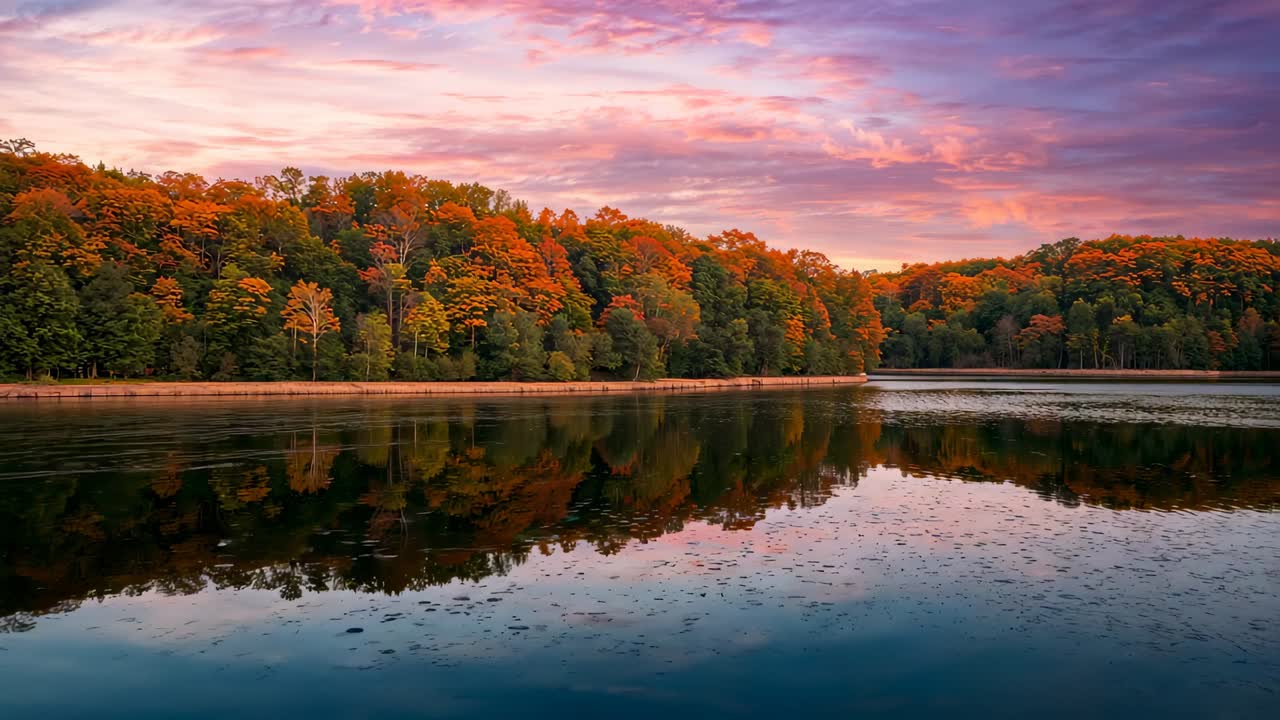 Showing autumn shoreline reflecting deepening purple sunset at lake, with ripples and particles