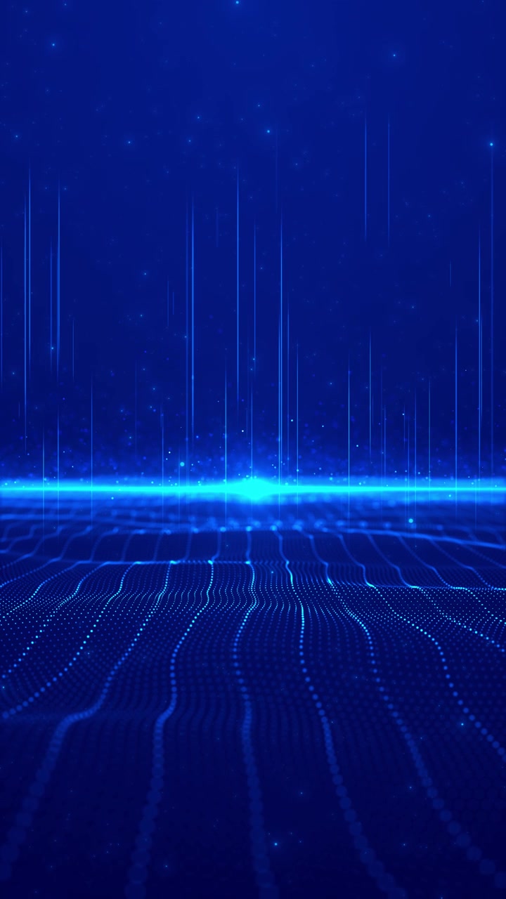 Blue digital data horizon background with glowing vertical lines particle waves grid depth and