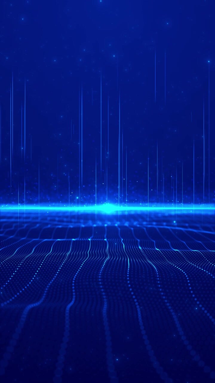 Sfondo blu di orizzonte di dati digitali con linee verticali luminose, onde di particelle, profondità della griglia e