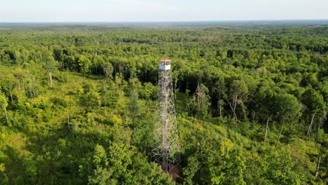 tourists enjoying the spectacular views of the nicolet national forest from the top of the mountain lookout tower in mountain, wisconsin