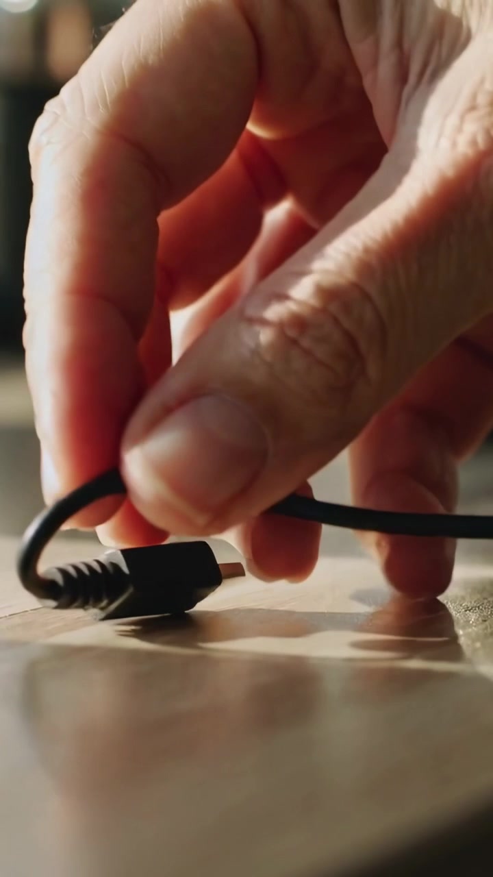Vertical video: Hand entering frame pinching black USB plug on wood table, looping cable to secure