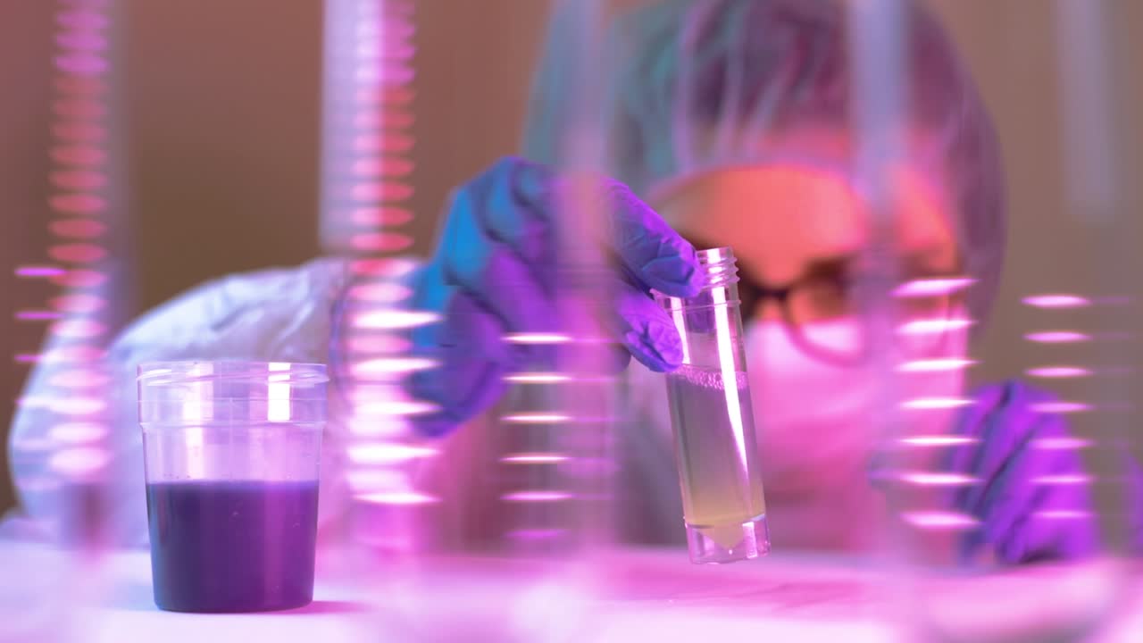 Scientist woman shaking the solvent on  glass tube on lab with other colorful liquid preparations on table searching about Covid-19