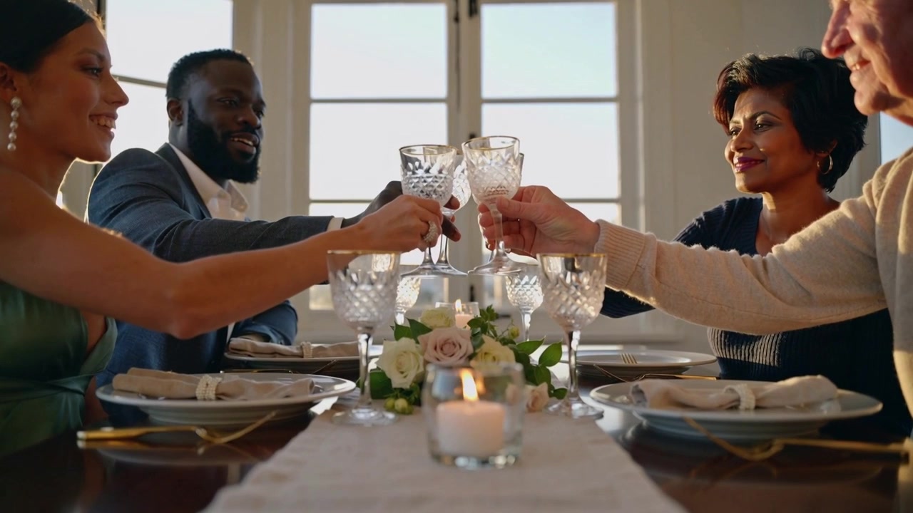 Clinking crystal glasses, four diners in formal attire at home table, man in suit initiating toast