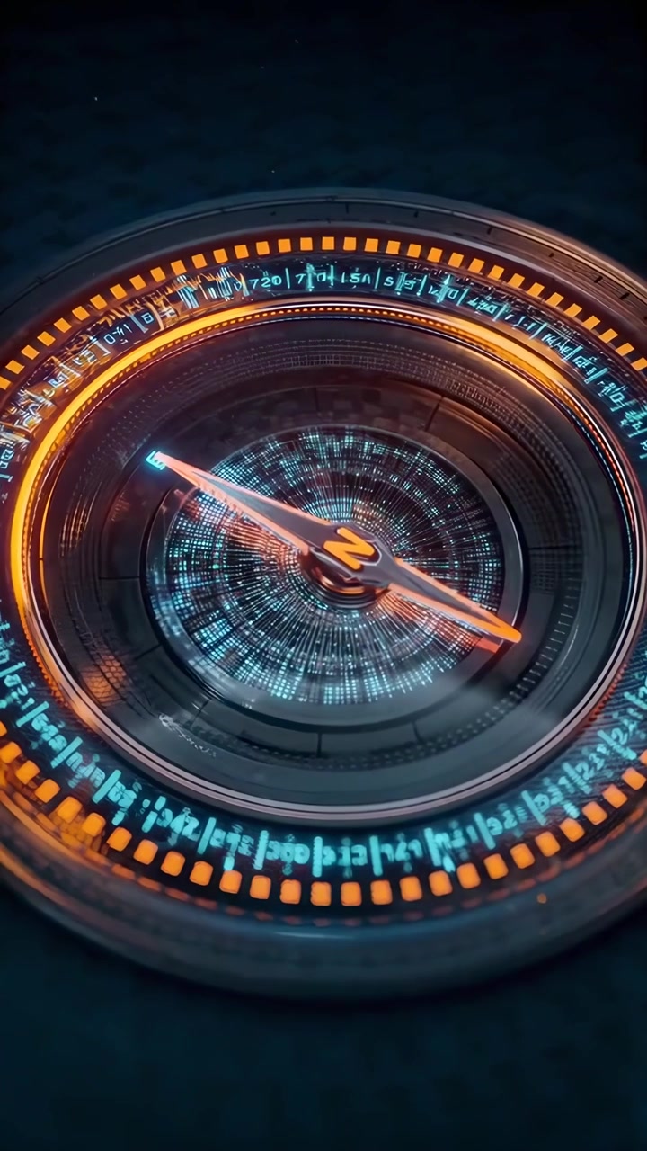 Futuristisk digitalt kompas der roterer i mørkt rum