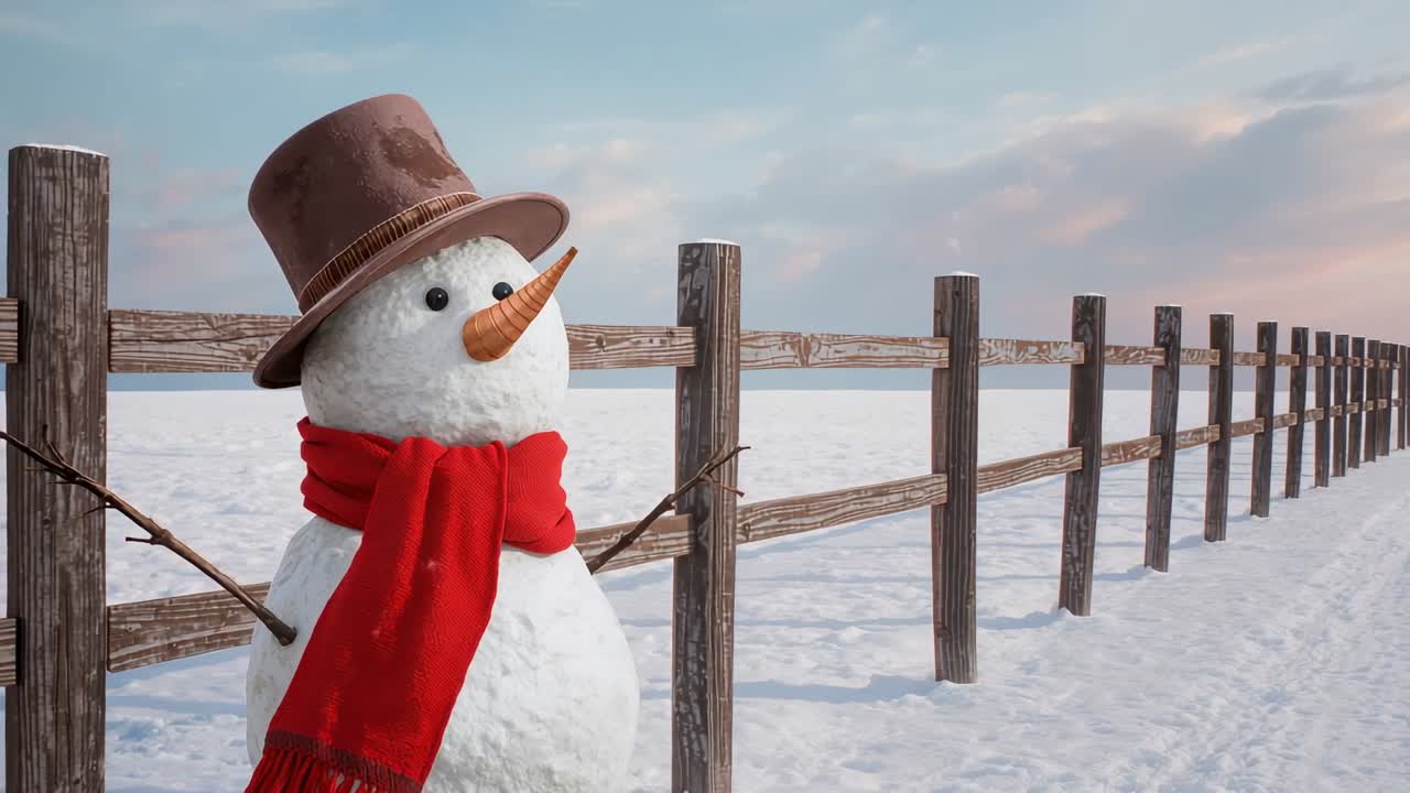 Opening shot camera holding focus on snowman with carrot nose beside fence beneath pastel sky