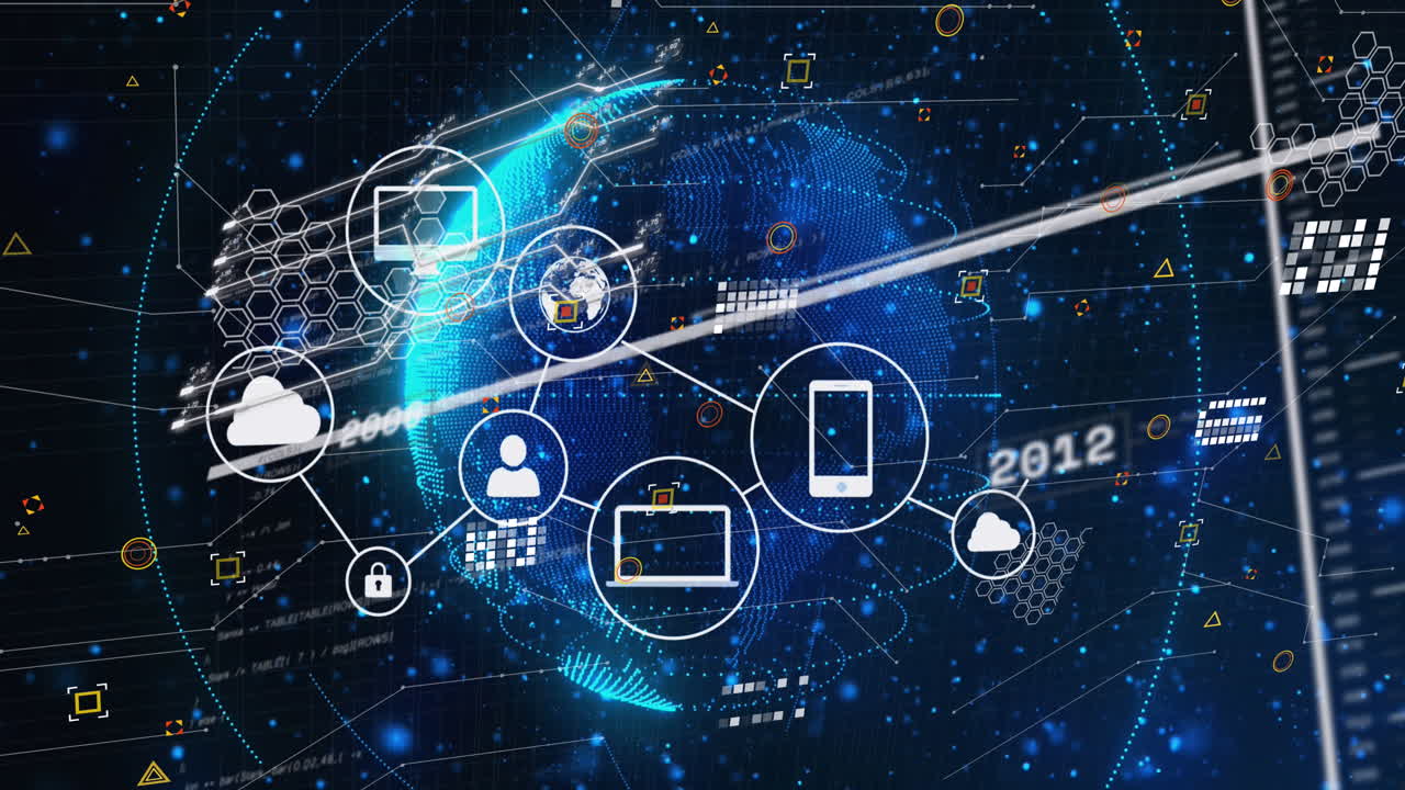 Animation of flowchart of icons with lines, changing numbers over rotating globe