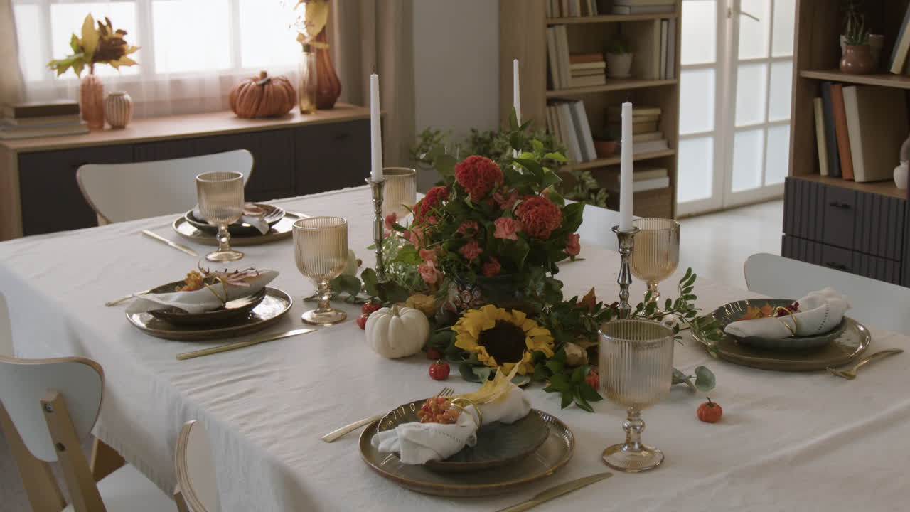 Fall Table Setting with Flowers and Pumpkins