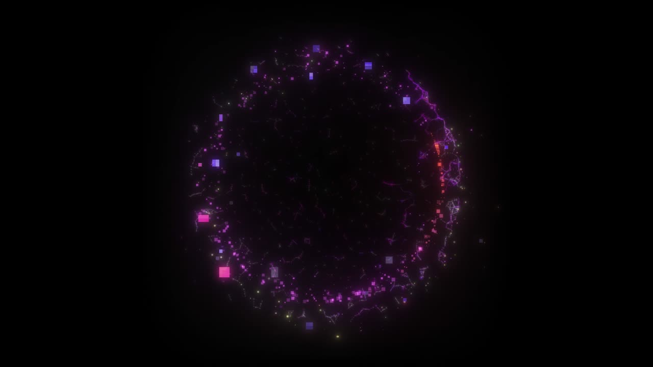 bucle sin costuras. animación de un portal redondo violeta que consiste en cuadrados glitched y coágulos de energía aislados en fondo negro con alpha luma matte vfx cg 4k. puerta espacial. ciencia ficción. futurista.
