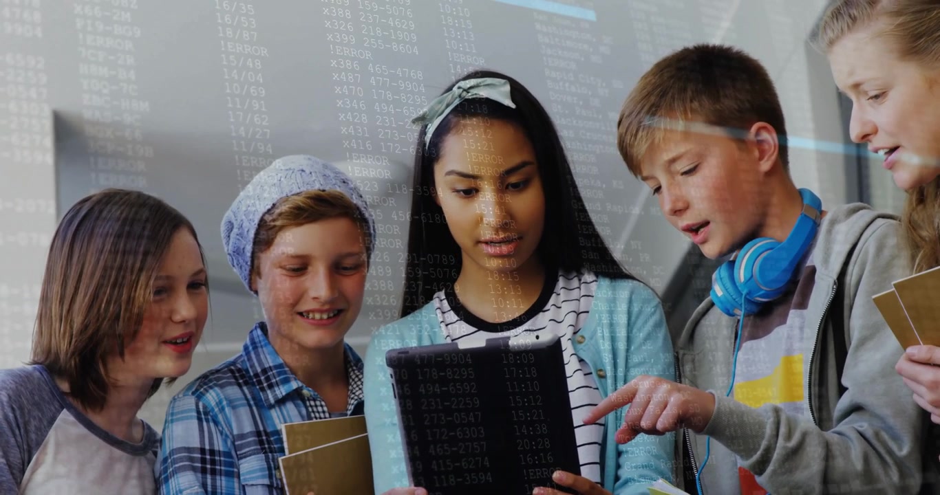 Teenage girl tapping tablet in coding lab projecting transparent code while classmates analyzing
