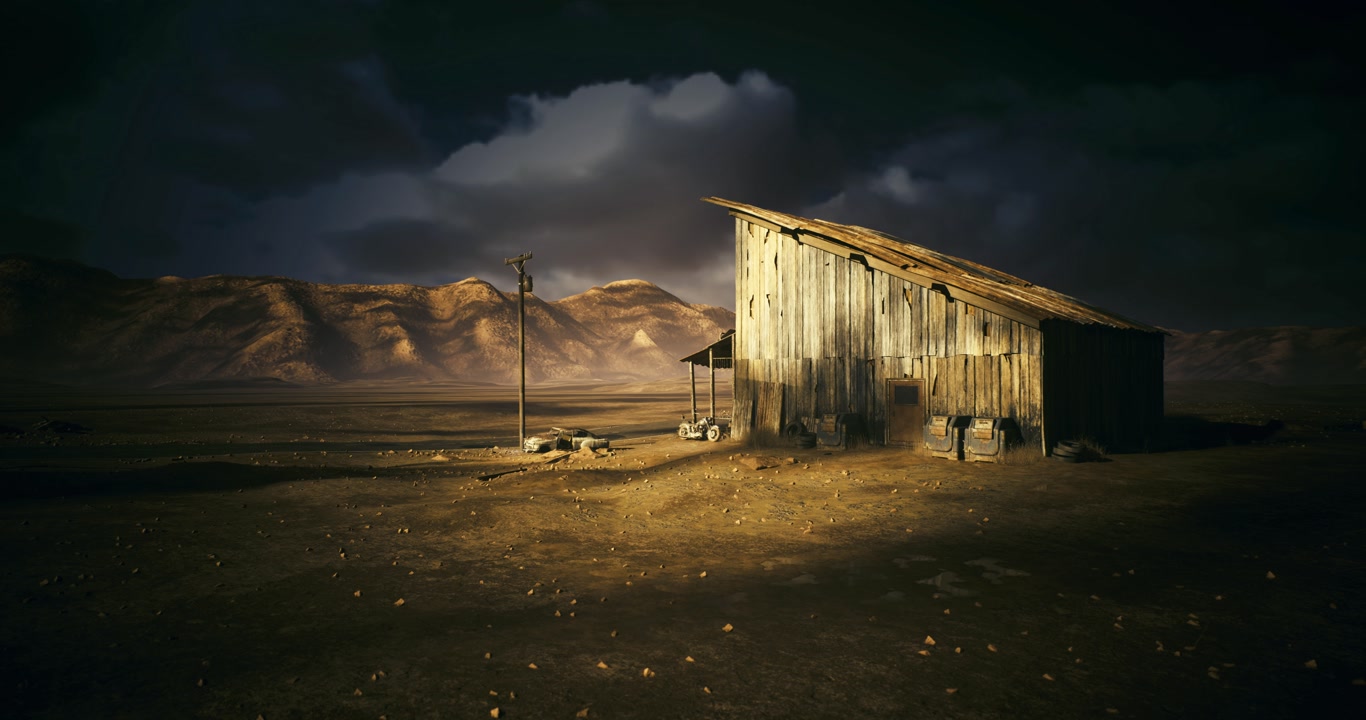 Desolate ruin scene ruined shelter on desolate plain under stormy skies