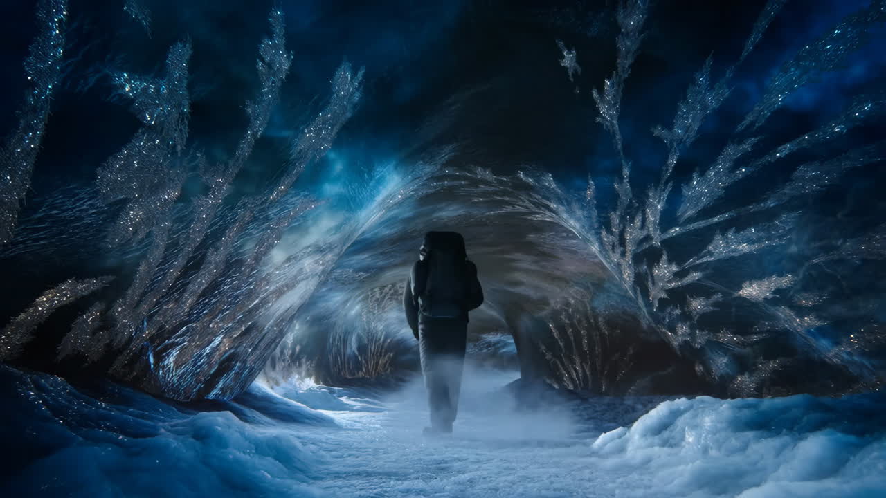 Explorer venturing through a mystical glowing ice cave