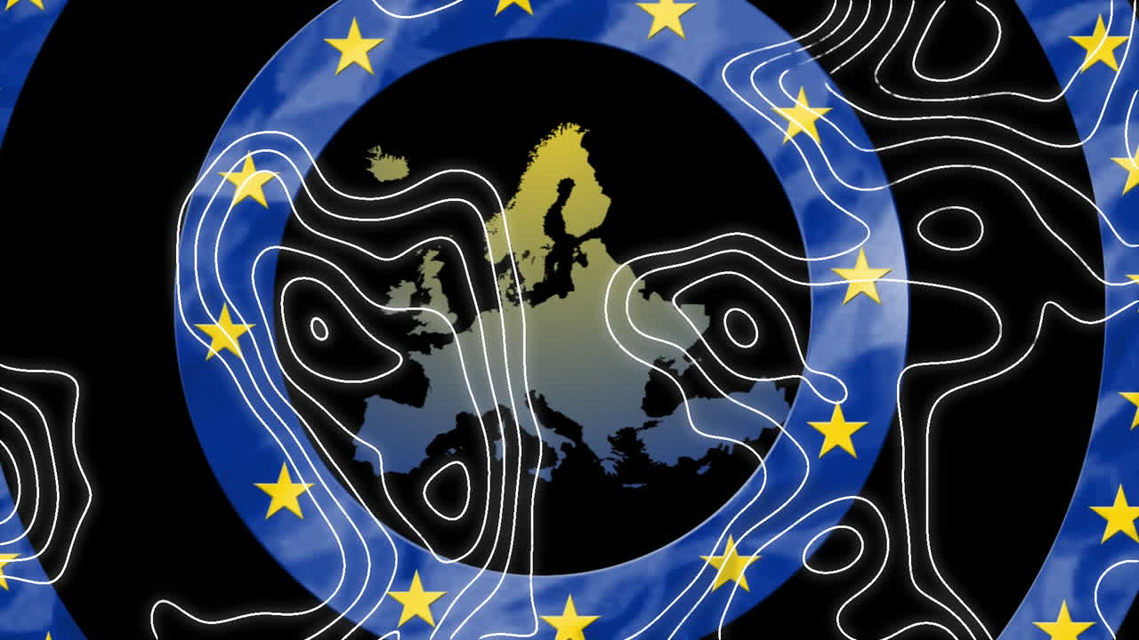 Doodle-design mod stjerner på bevægelige blå cirkler og et EU-kort.
