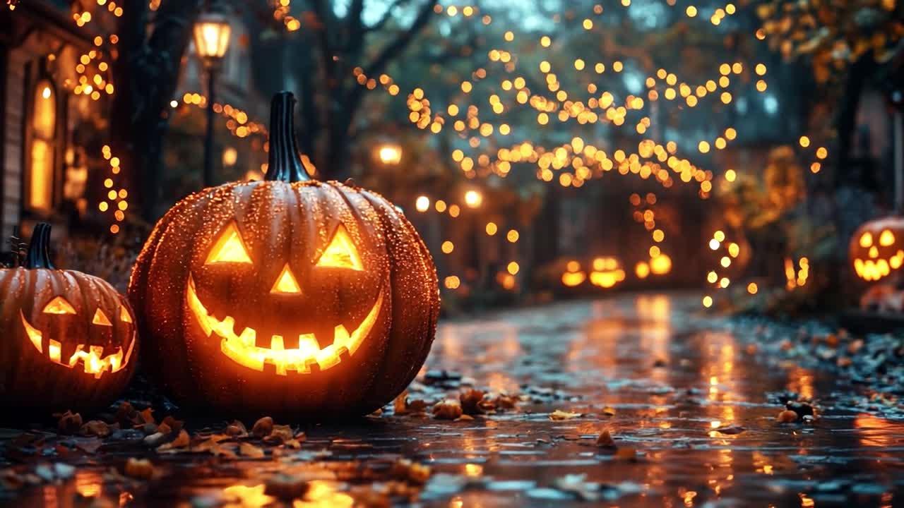 Halloween Pumpkins on a Wet Street at Night