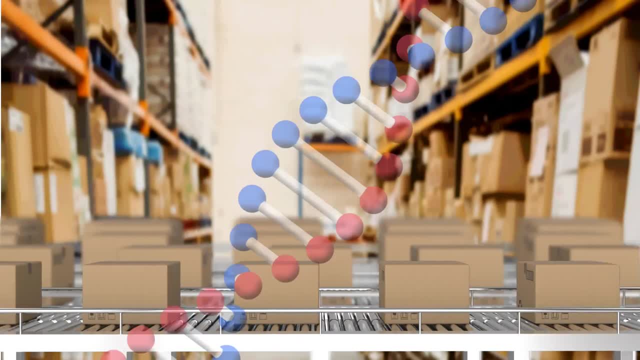 상자를 가진 컨베이어 벨트 위에서 회전하는 dna 가닥의 애니메이션