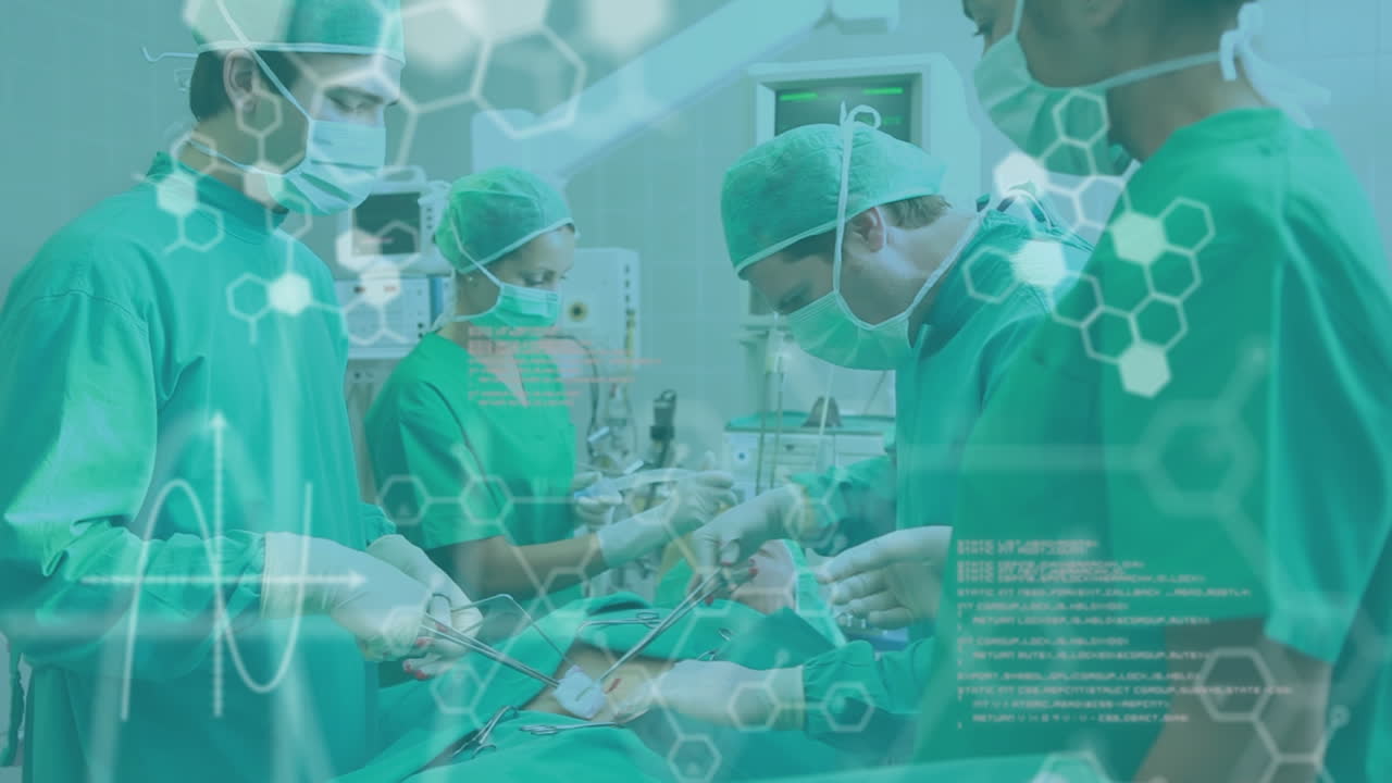 수술실에서 환자를 수술하는 외과 의사에 대한 의료 정보 및 데이터 처리 애니메이션