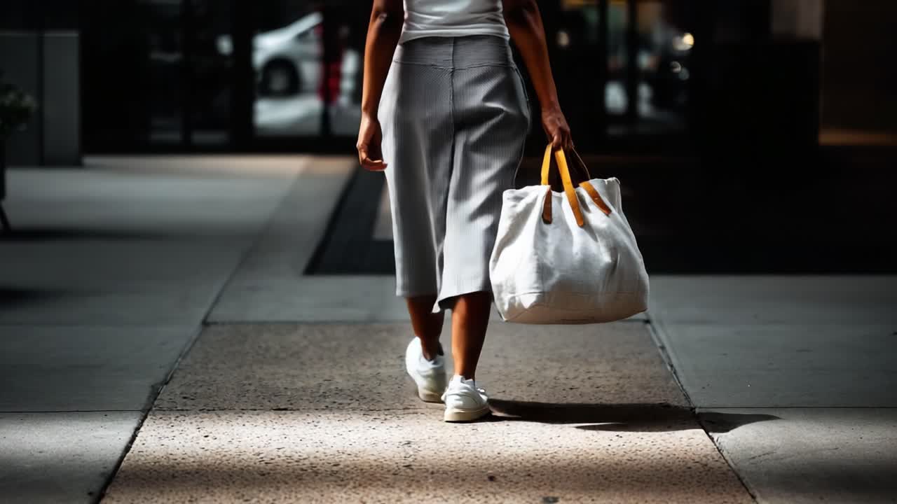 Um indivíduo estiloso caminhando com confiança pela calçada de uma cidade com uma bolsa elegante, banhado pela luz suave do entardecer, capturando o estilo de vida urbano e a moda em movimento