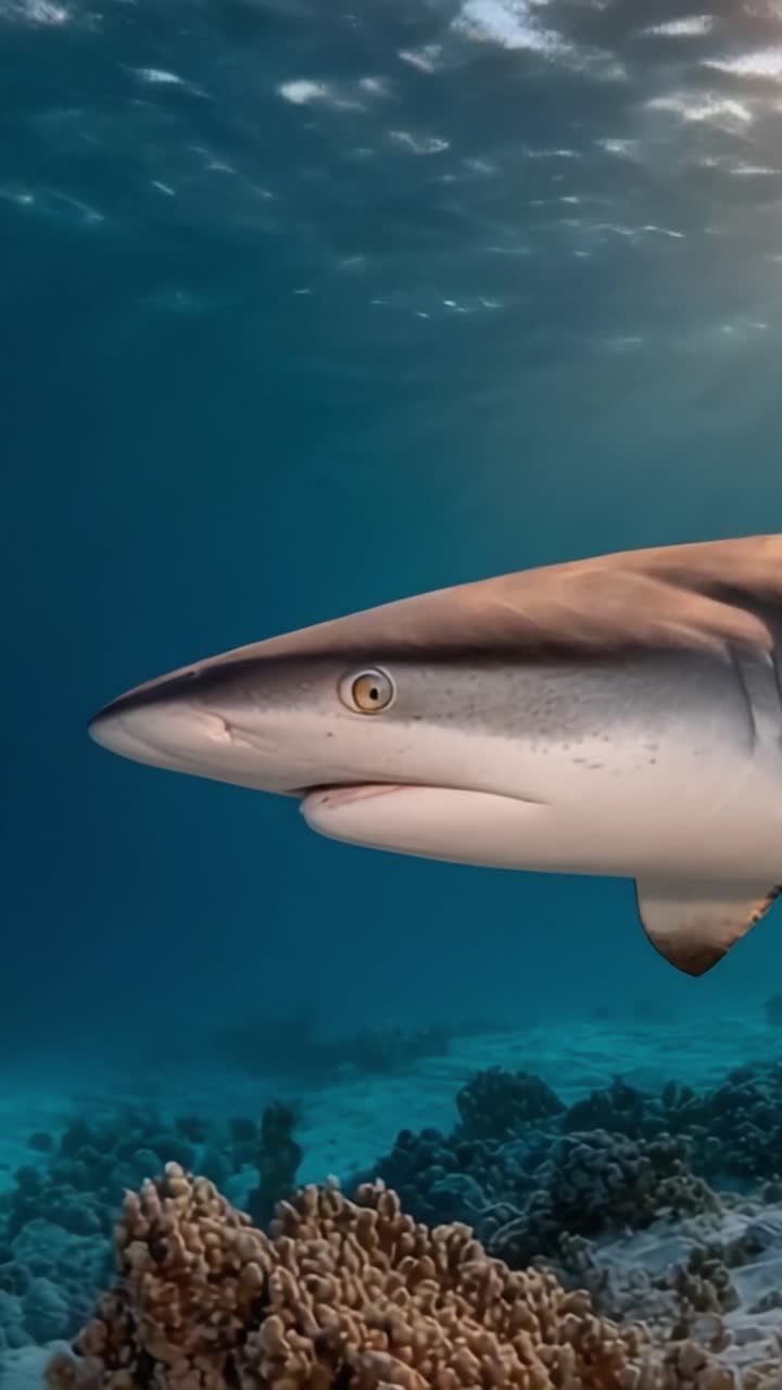 A Majestic Shark Gliding Through Crystal Clear Waters Over Vibrant Coral Reefs: An Underwater Adventure Captured in Stunning Detail
