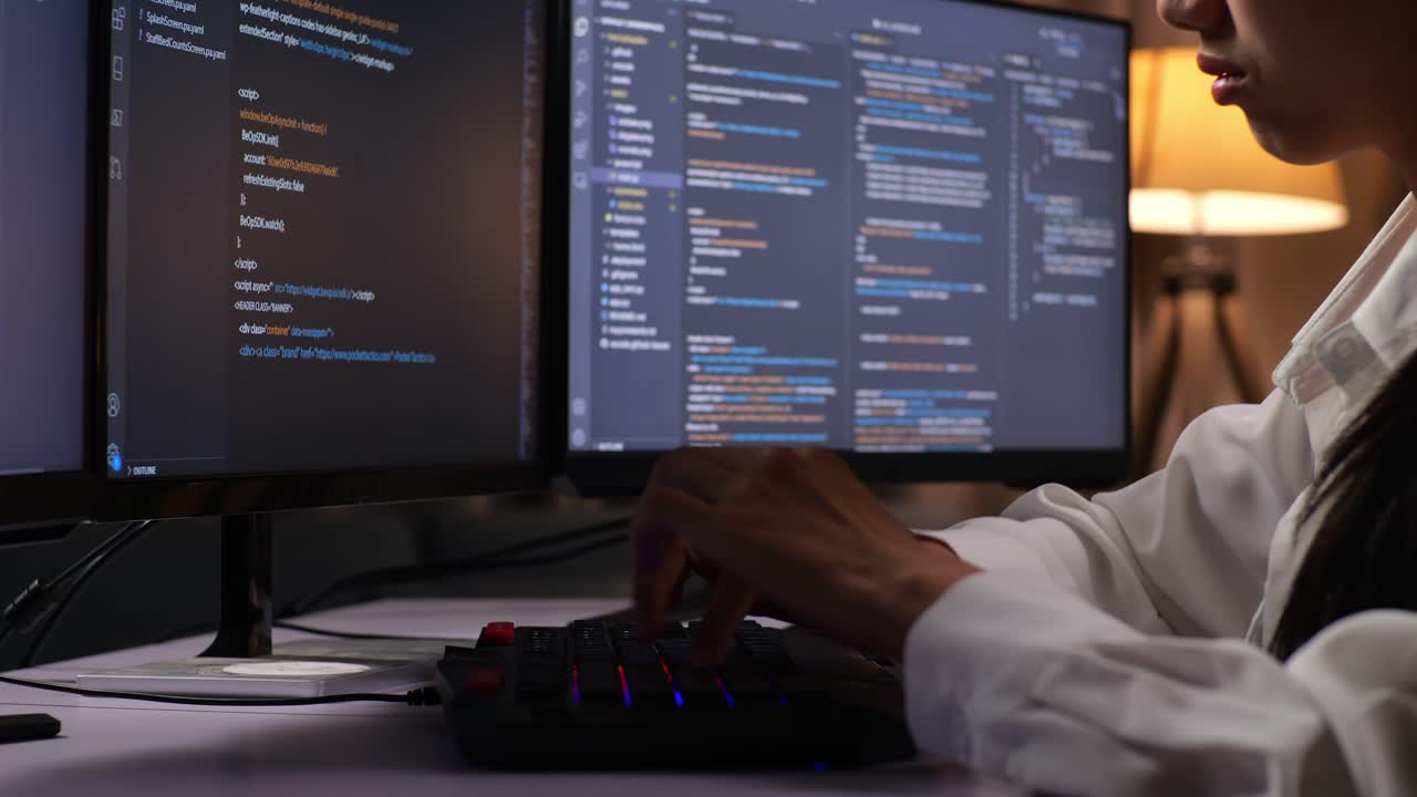 Close Up Of Asian Female Programmer Creating Innovative Software Engineer Developing App, Program, Video Game On Desktop Computer At Home. Terminal With Coding Language