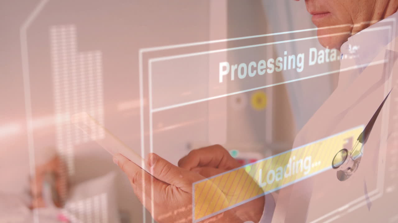Processing data and loading animation over doctor using tablet in hospital