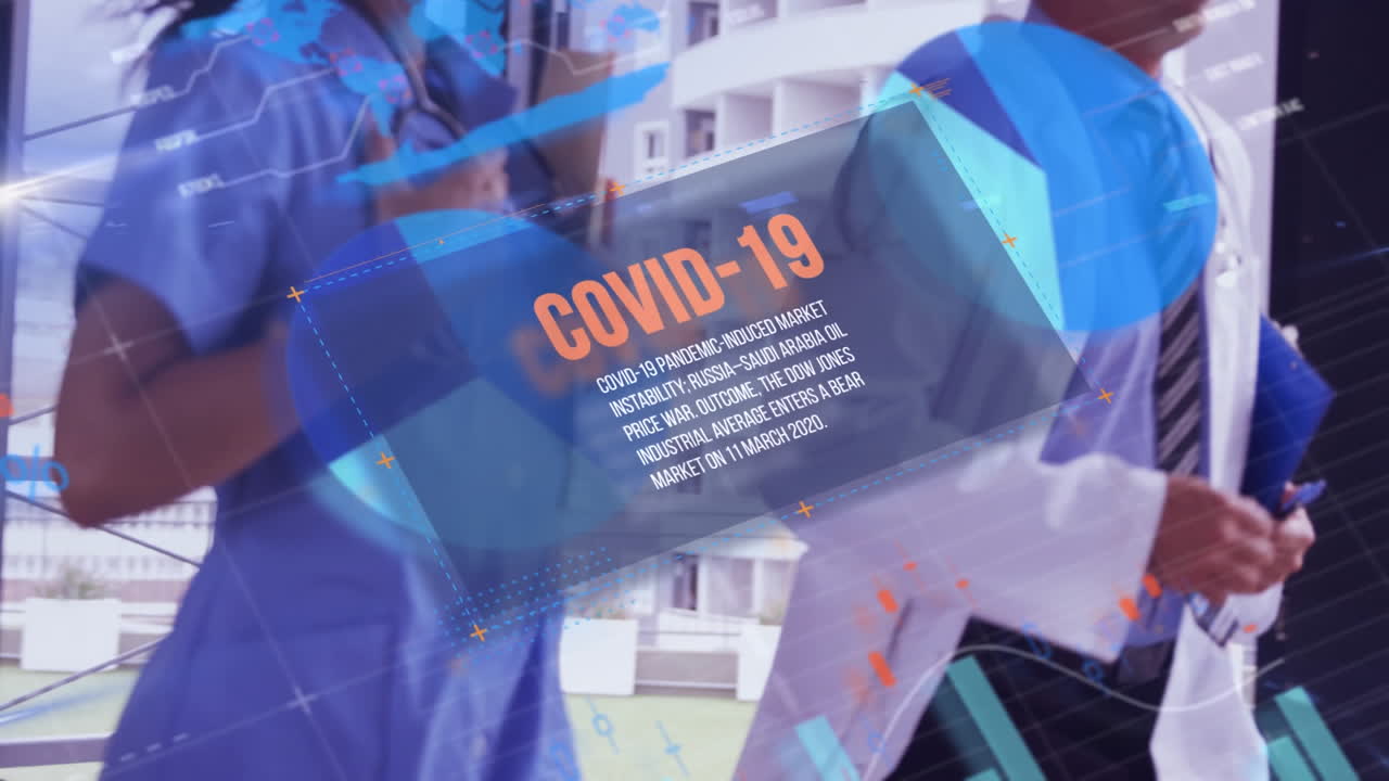 Animation of covid 19 text and statistics over medical staff running in hospital