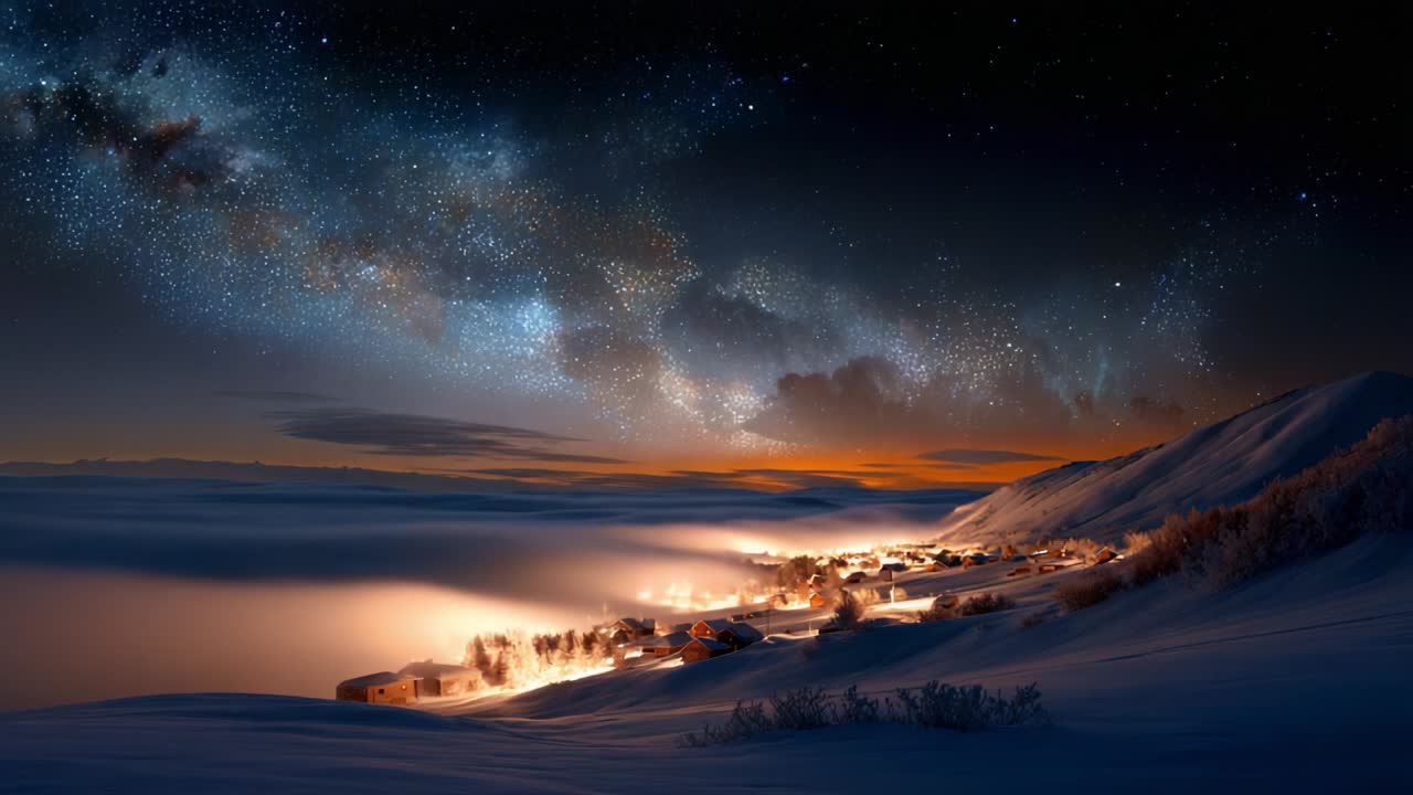 A Serene Winter Night: Illuminated Village Under a Starry Sky With the Milky Way Casting Its Glow Over Snow-Covered Hills, Creating an Enchanting Winter Wonderland Experience
