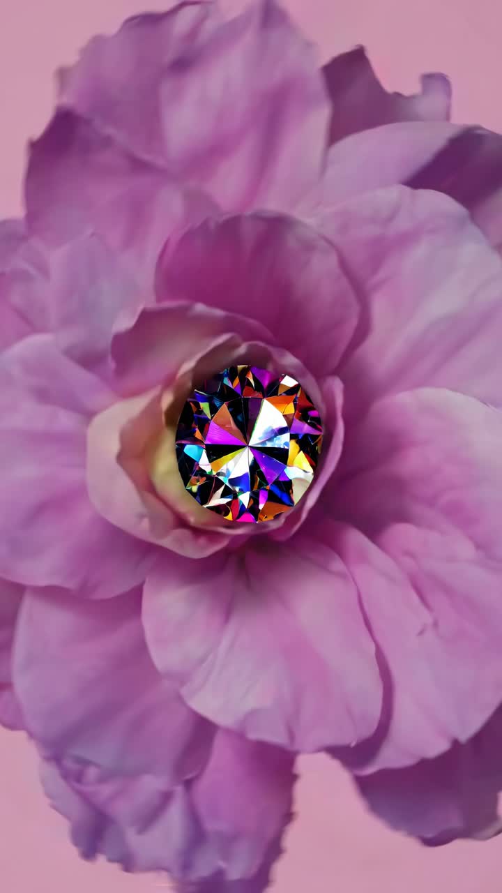Close-up of a vibrant purple flower with a sparkling diamond at its center, showcasing nature's