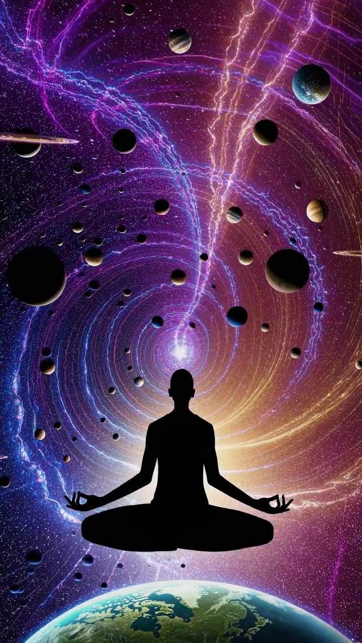 Silhouette di persona che medita su sfondo cosmico dello spazio profondo