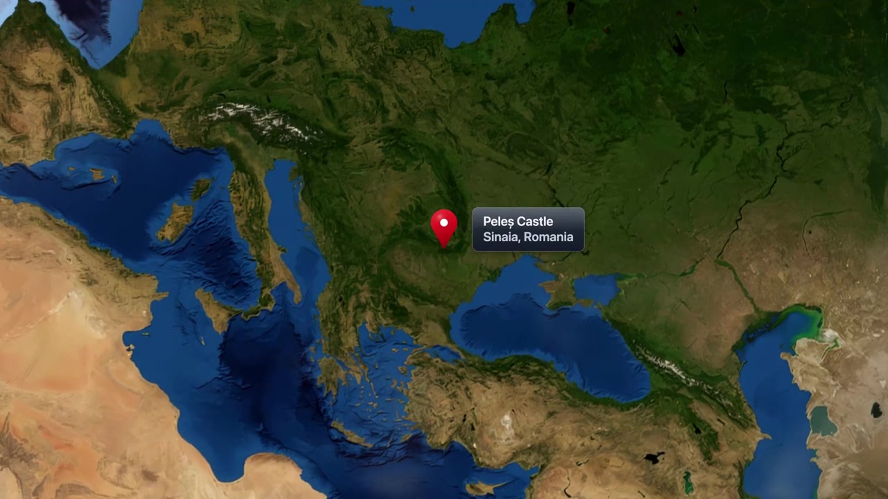 Satellite animation zooms from space into Europe, pinpointing Peles Castle in Sinaia, Romania. Includes NASA public domain imagery.