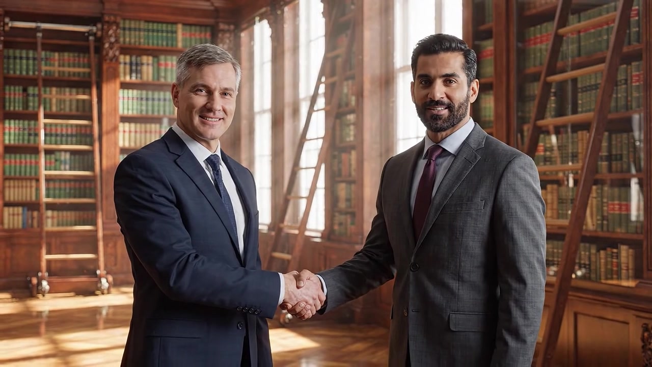 Due Professionisti si Stringono la Mano in un'Elegante Biblioteca, Scambiandosi Convenevoli e Costruendo un Rapporto d'Affari tra Scaffali di Libri e Luce Calda