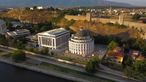 Aerial view of Skopje Fortress and administrative buildings on Vardar Riverside - Skopje, Macedonia