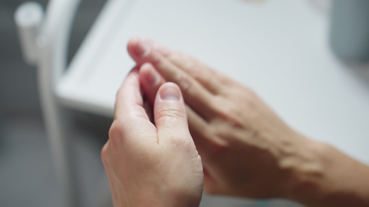 Skin care expert rubs clear massage gel between hands to create even layer, preparing for gentle facial application on patient, highlighting smooth texture, hygienic method, and serene spa ambiance