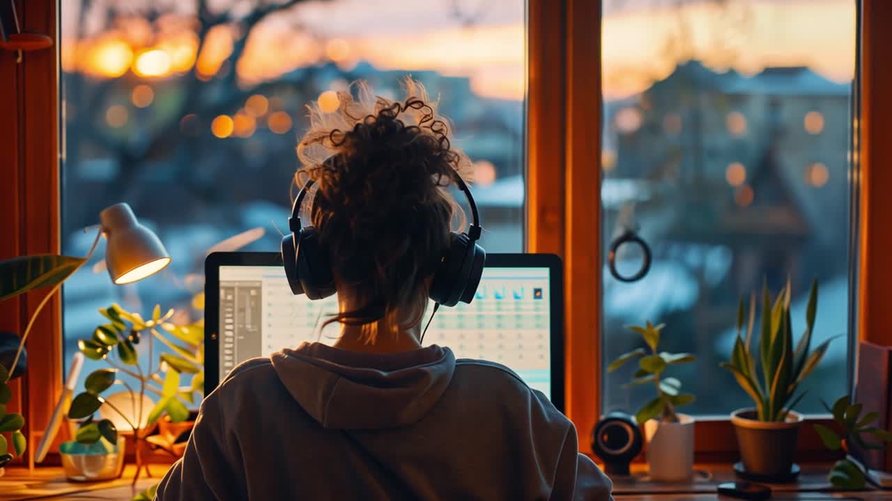 Person working at computer at desk in cozy home office