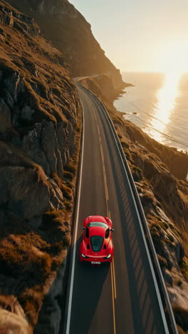red sports car on a scenic coastal road at sunset