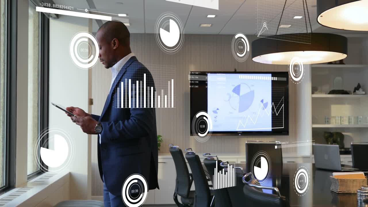 Business professional tapping tablet at window, reviewing analytics with AR data charts emerging