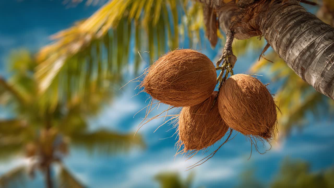 Una vista ravvicinata di noci di cocco appese a una palma con una rigogliosa vegetazione tropicale sullo sfondo, che mostra la bellezza naturale degli ambienti esotici.
