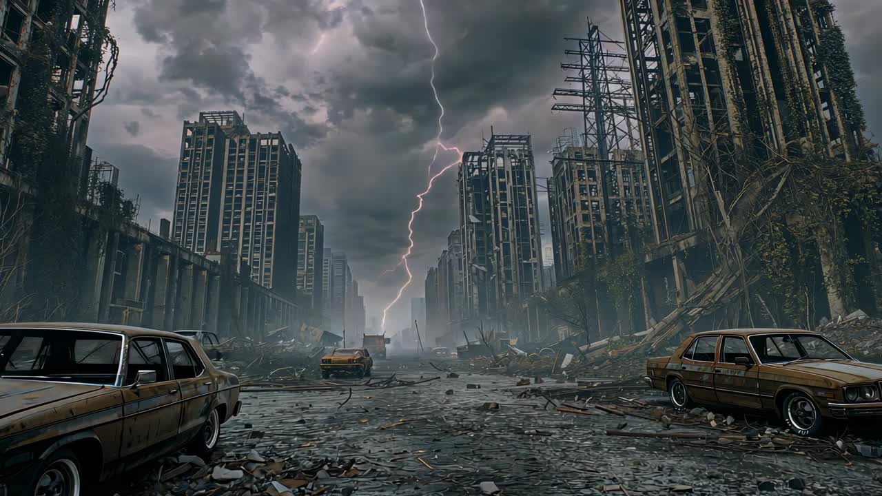 Churning storm clouds flashing lightning bolt striking ruined street revealing rusted sedans