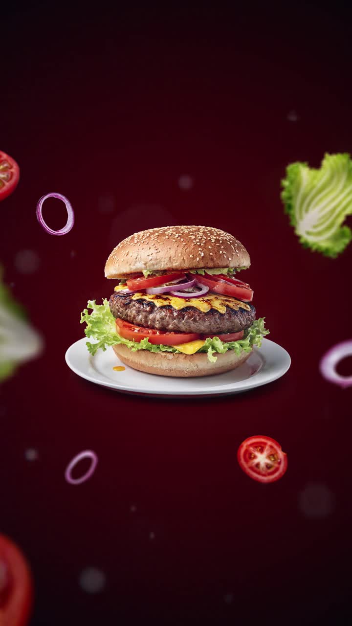 Cheeseburger Animation intro Promotion for advertising or marketing of hamburgers with cheese, beef, bacon and fresh vegetables such as lettuce, tomato and onion - vertical video for price tag or sale