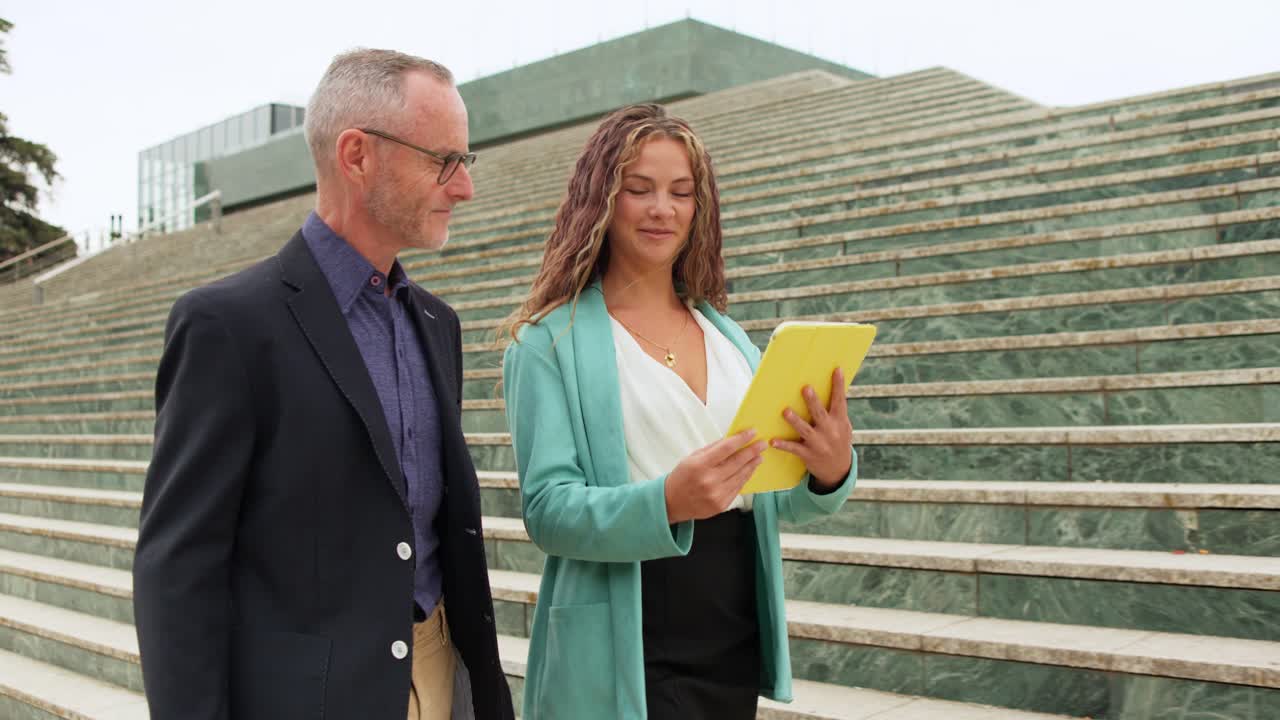 Business professionals using a tablet on stairs