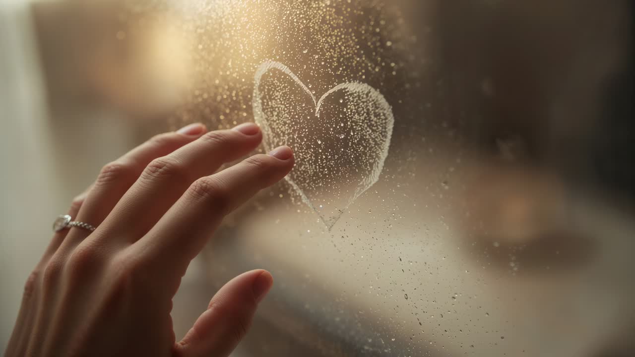Seeing heart outline reaching ringed hand touching, tracing and pulling back on damp window at home