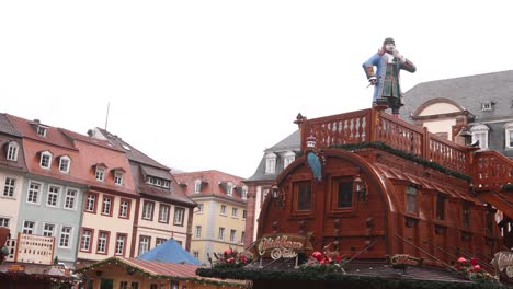 German-character-spinning-on-top-of-traditional-wine-barrel-in-heart-of-Heidelberg,-Germany-at-a-Festive-Christmas-market-in-Europe