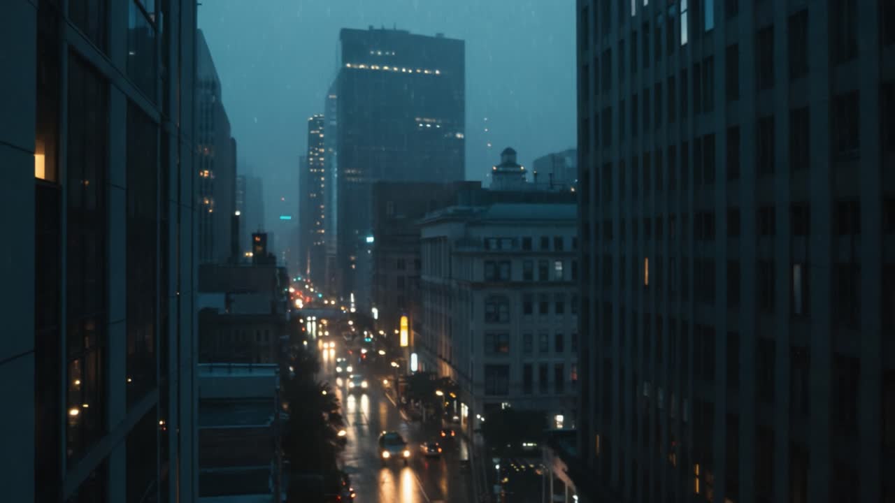 雨の夜に撮影された都会の情景。雨と大気の中で、濡れた路面に反射する街の光が印象的