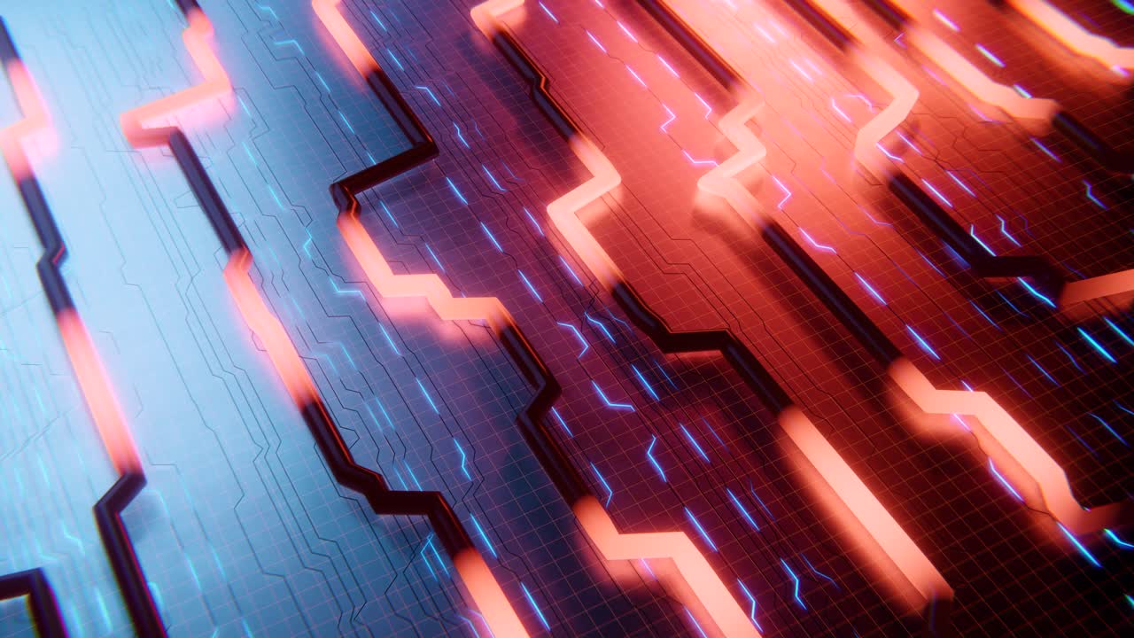 Abstraktní futuristická deska plošných spojů se zářícím tokem dat