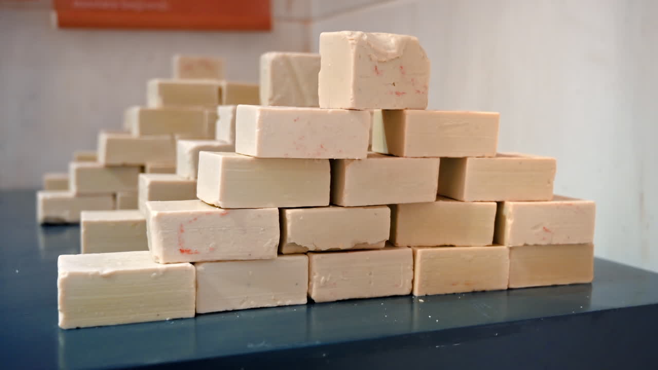 Close view of stacks of handmade soap in hamam museum in Istanbul, Turkey