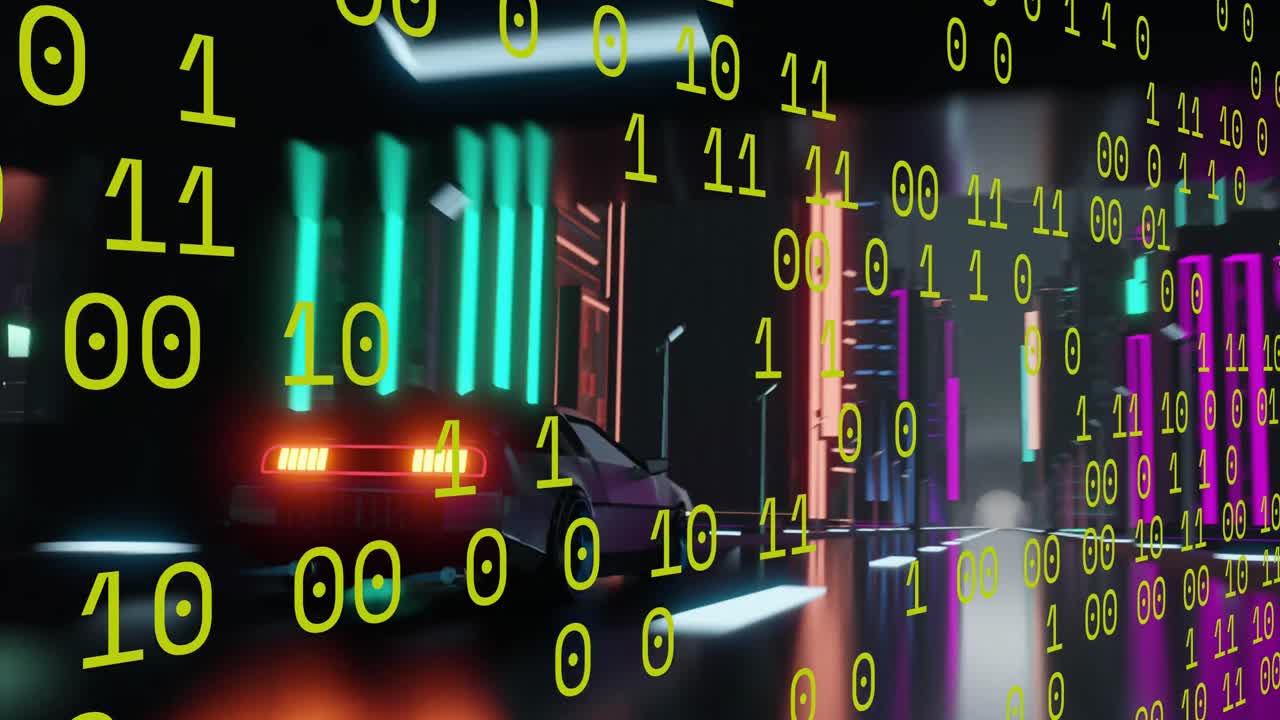 Animazione di interfaccia digitale con codice binario su auto in movimento