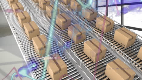 animación del procesamiento de estadísticas sobre cajas de cartón en cintas transportadoras