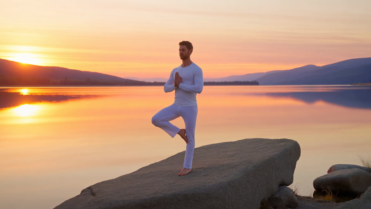 Sunset Lake Yoga White Man Balancing On Rock Barefoot As Fitness Trainer Practices Tree Pose, Serene