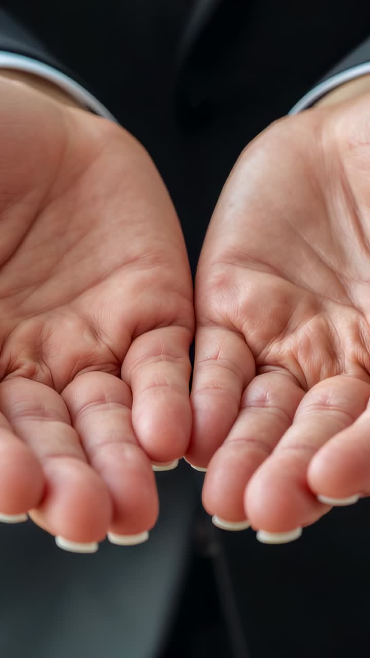 Vertical video: Holding pair of cupped palms toward camera in tight crop, showing dark jacket cuffs
