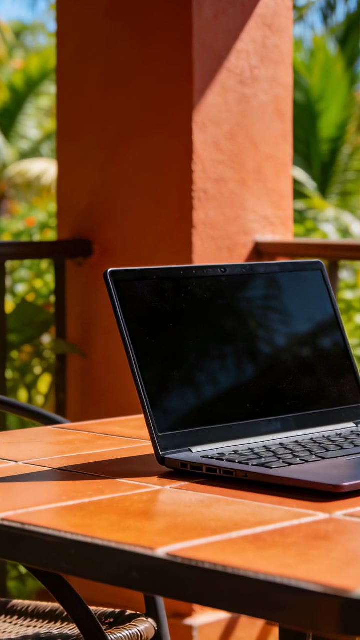 Vertical video: Operator pushing camera in to emphasize laptop on covered patio with tiled table